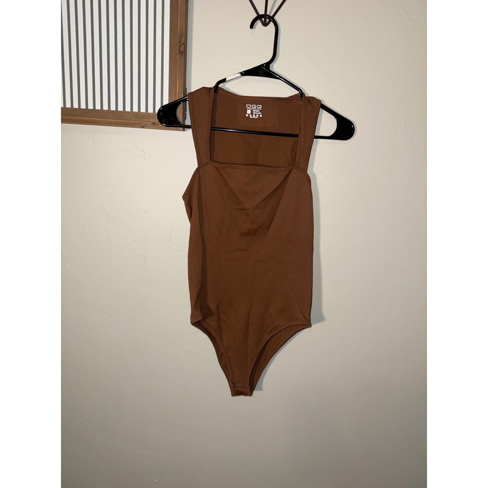 OQQ Brown Ribbed Square‎ Neck Bodysuit Sleeveless Tank Large
